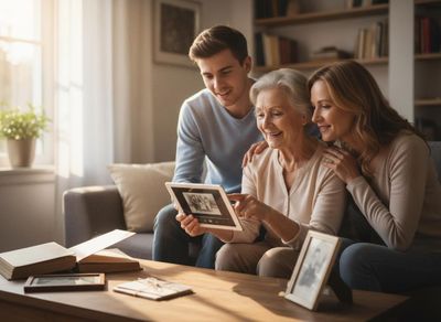 A grandmother points at old photos on a tablet, sharing smiles and memories with her adult son and daughter in a cozy living room. Multi-Generational Family Sharing Digital Memories