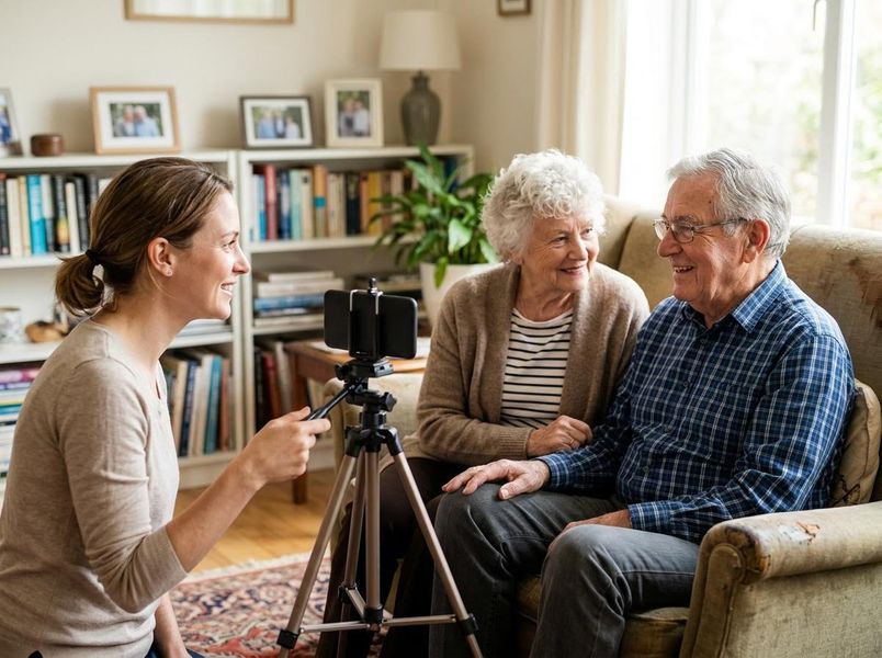 A young woman records her smiling elderly grandparents using a smartphone on a tripod in their cozy living room filled with books. Young woman filming elderly couple with a smartphone on a tripod