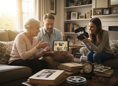 An older woman, man, and younger woman in a living room. The older woman points at a tablet showing old photos, as the younger woman films. Family looking at old photos on a tablet, being filmed