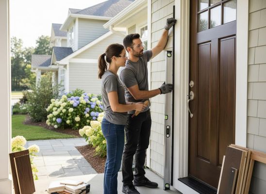 Couple installing new trim around a front door