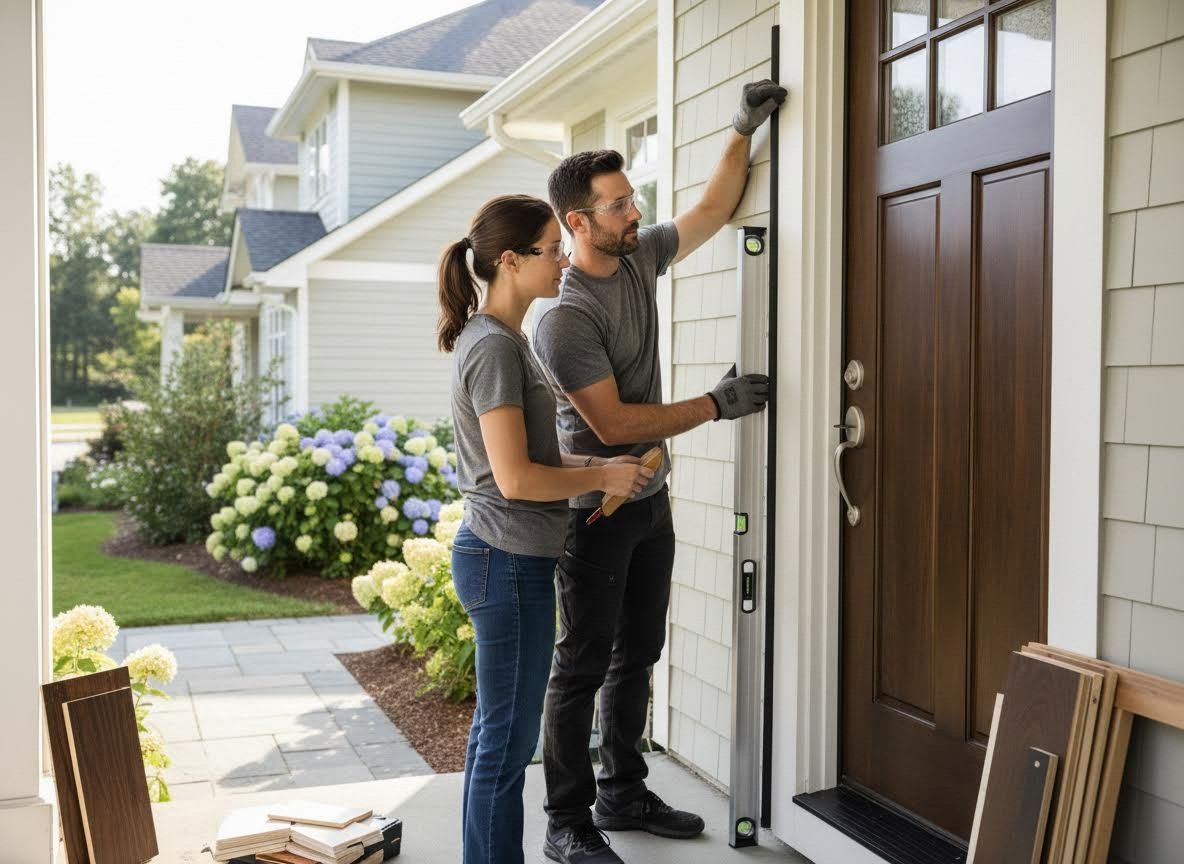 Couple installing new trim around a front door