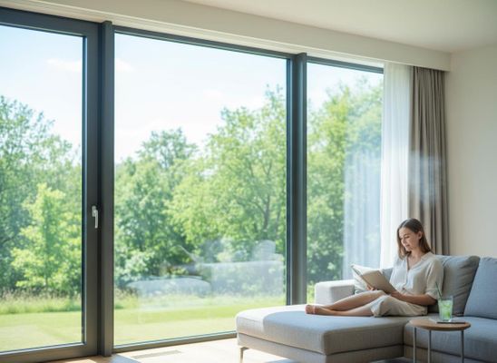 A woman reads a book on a gray sectional sofa in a bright modern living room with large windows overlooking a lush green garden. Woman Reading Book in Modern Living Room with Garden View