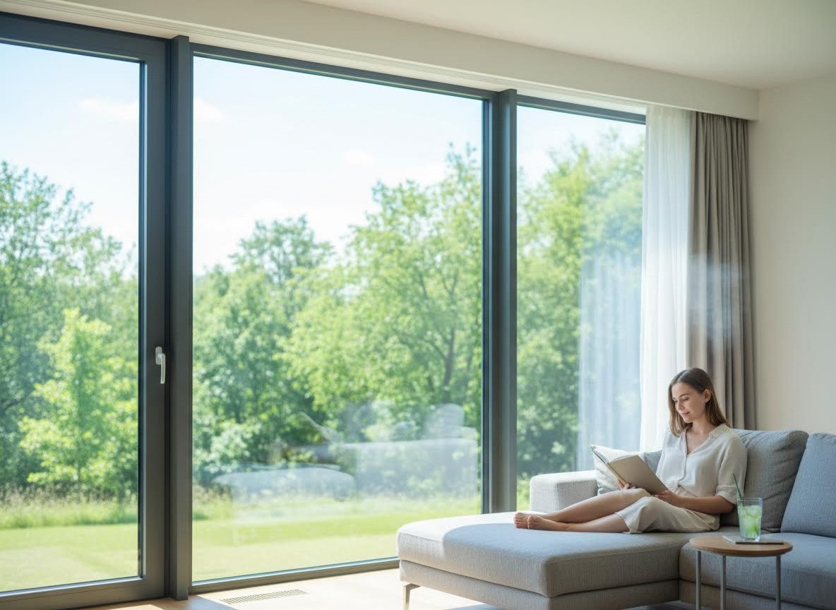Woman Reading Book in Modern Living Room with Garden View