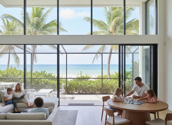 Family Enjoying Games and Reading in Modern Beachfront Home