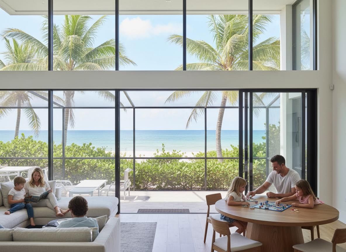 Family Enjoying Games and Reading in Modern Beachfront Home