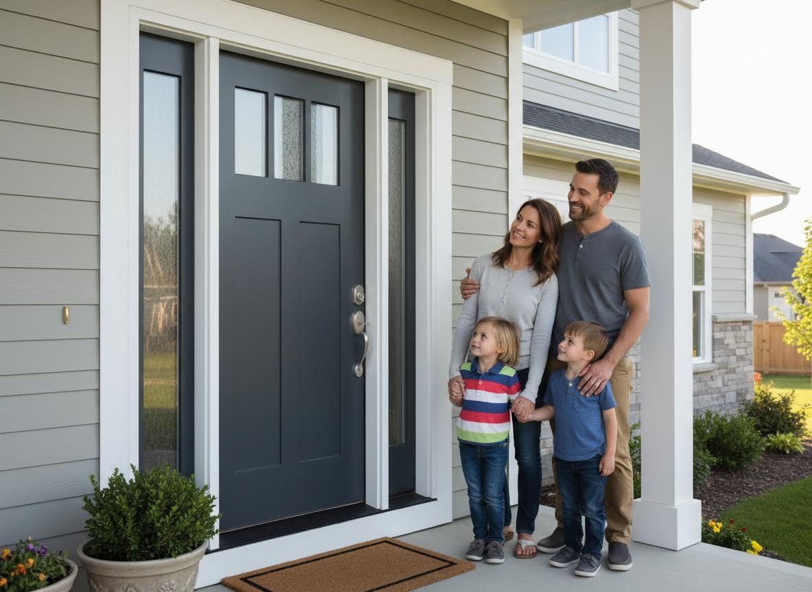 Happy family standing in front of their new home