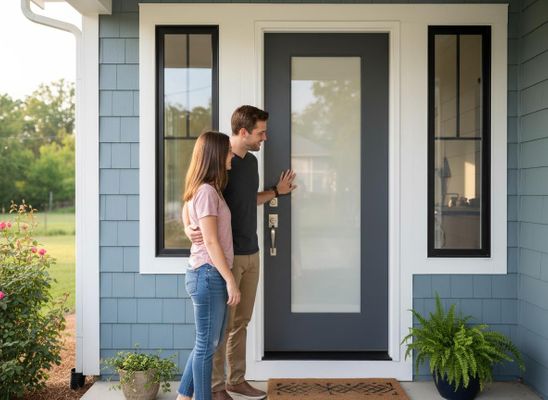 Couple admiring a modern home's front entrance