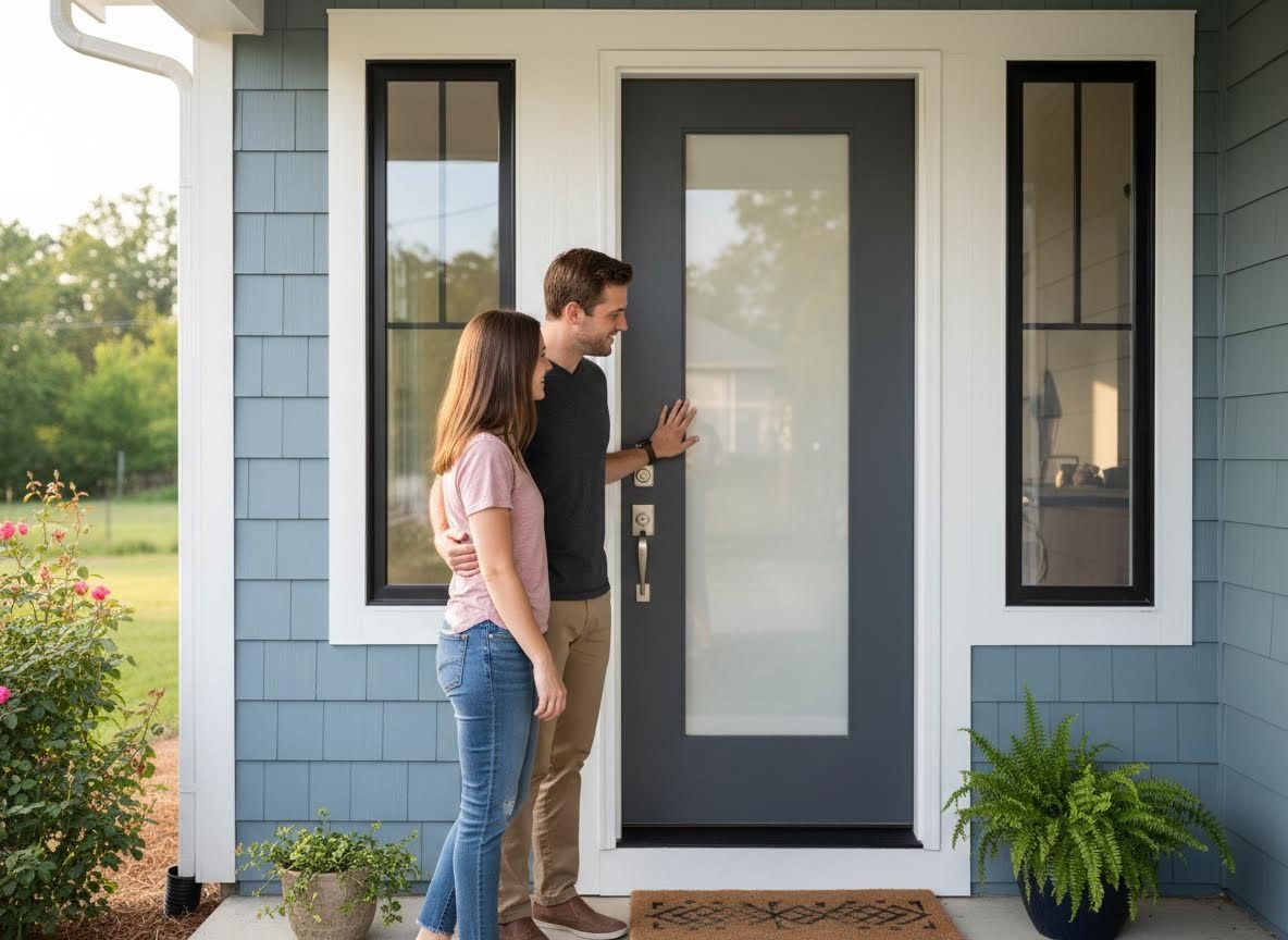 Couple admiring a modern home's front entrance