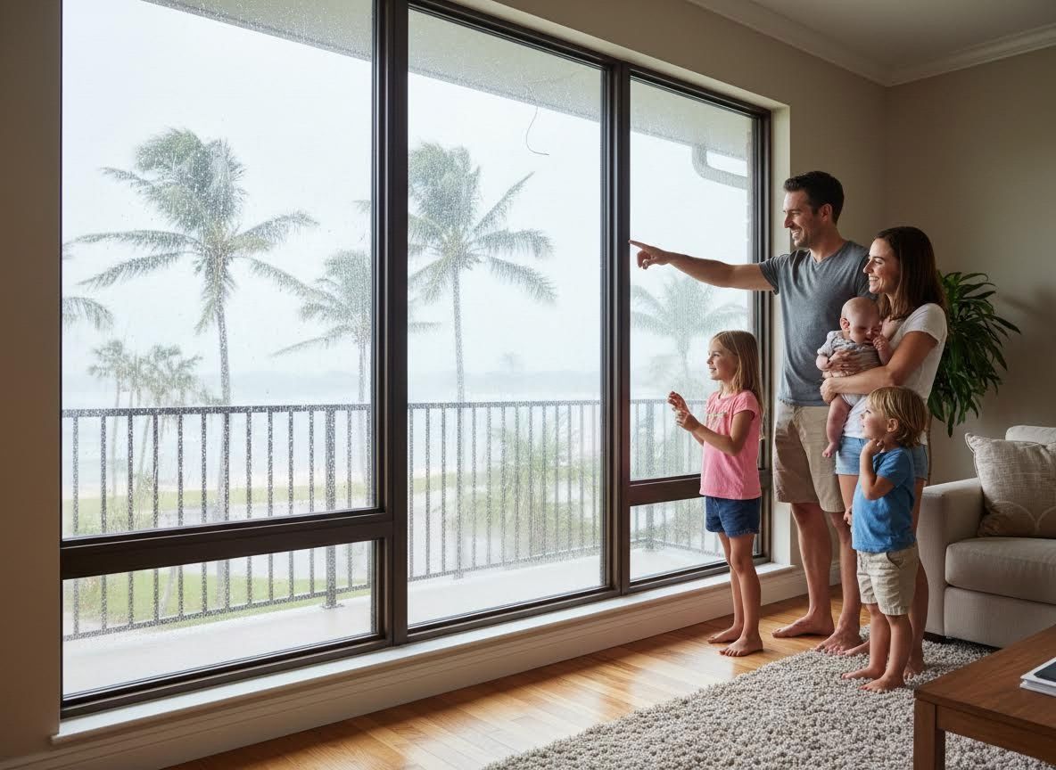 Family watching tropical storm from inside home