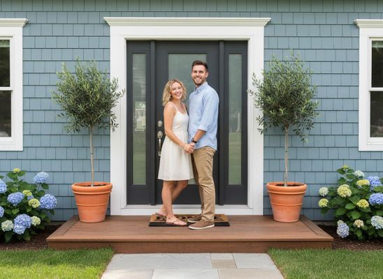 A smiling couple holds hands on a wooden porch. The house has blue shingle siding, a dark gray door, potted olive trees, and hydrangeas. Happy couple standing on a wooden porch in front of a blue shingle house