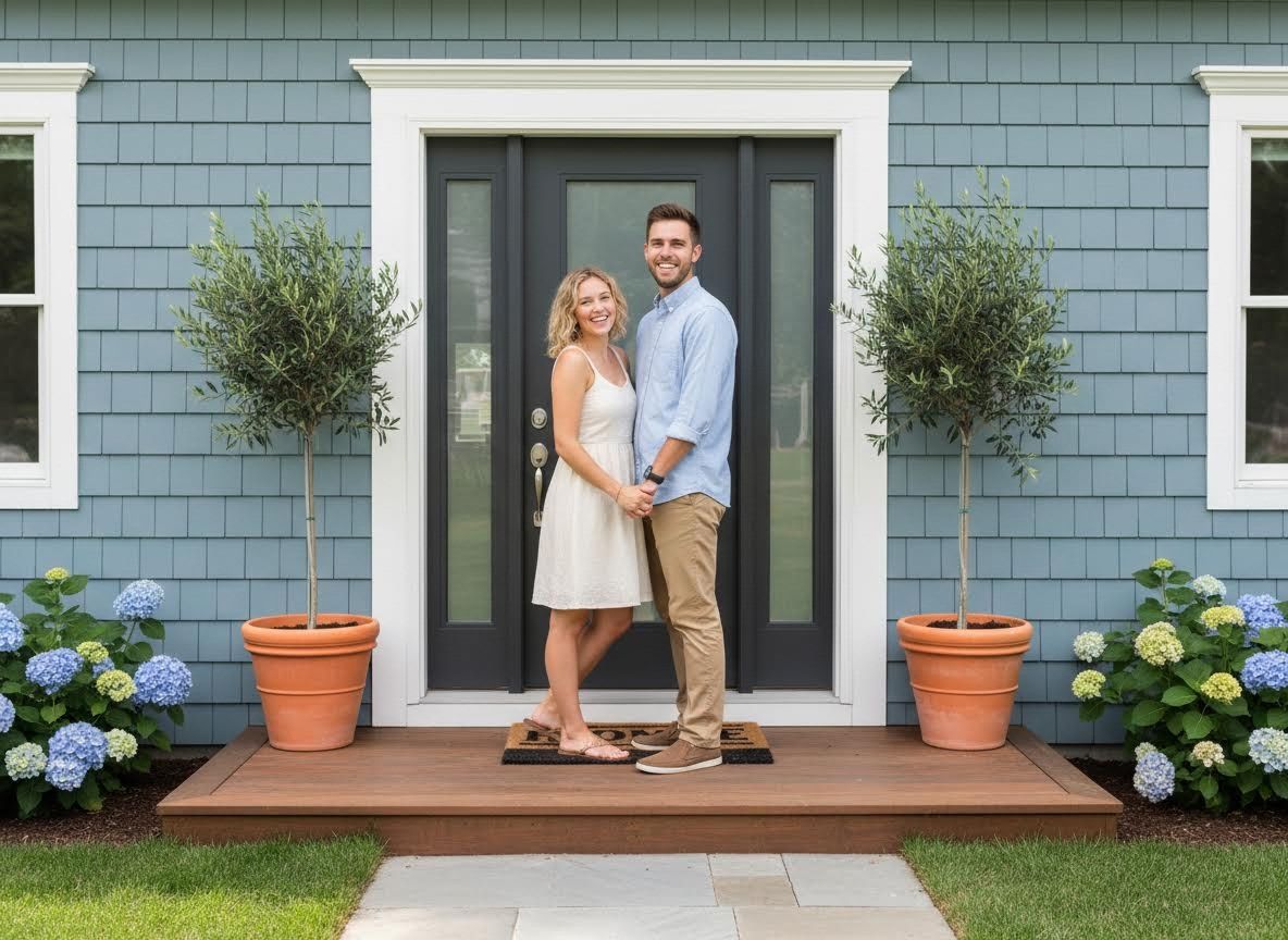 Happy couple standing on a wooden porch in front of a blue shingle house