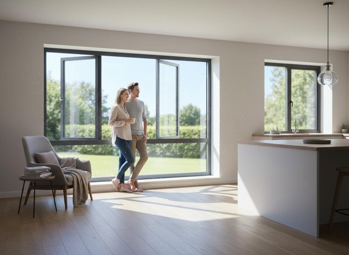 Couple admiring view through modern windows