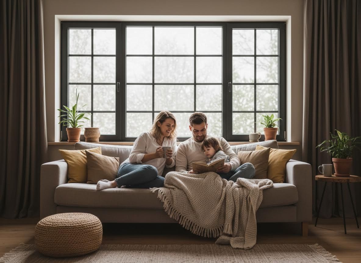 Family reading book on sofa by window