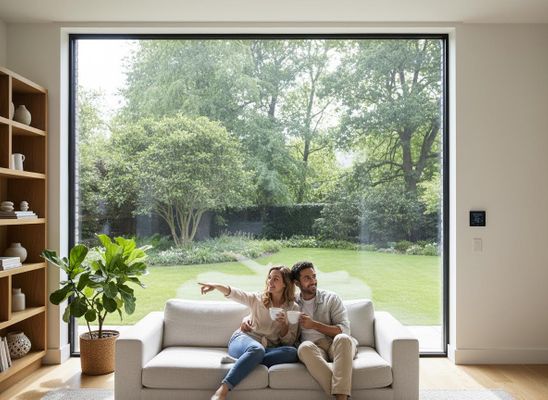 Couple relaxing on sofa enjoying view of green garden