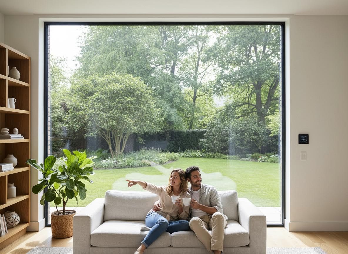 Couple relaxing on sofa enjoying view of green garden