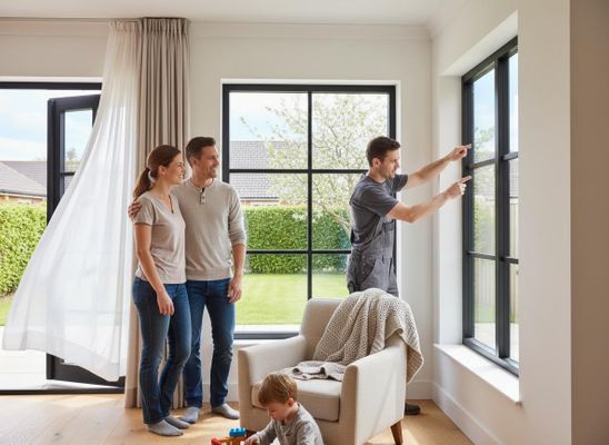 A family watches a technician point to new black-framed windows overlooking a green garden. Their child plays nearby while a curtain blows from an open door. Family with worker installing new windows