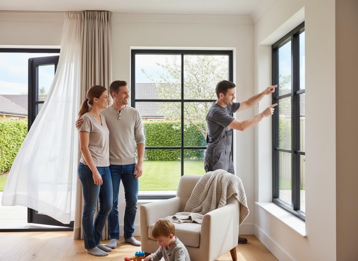 Family with worker installing new windows
