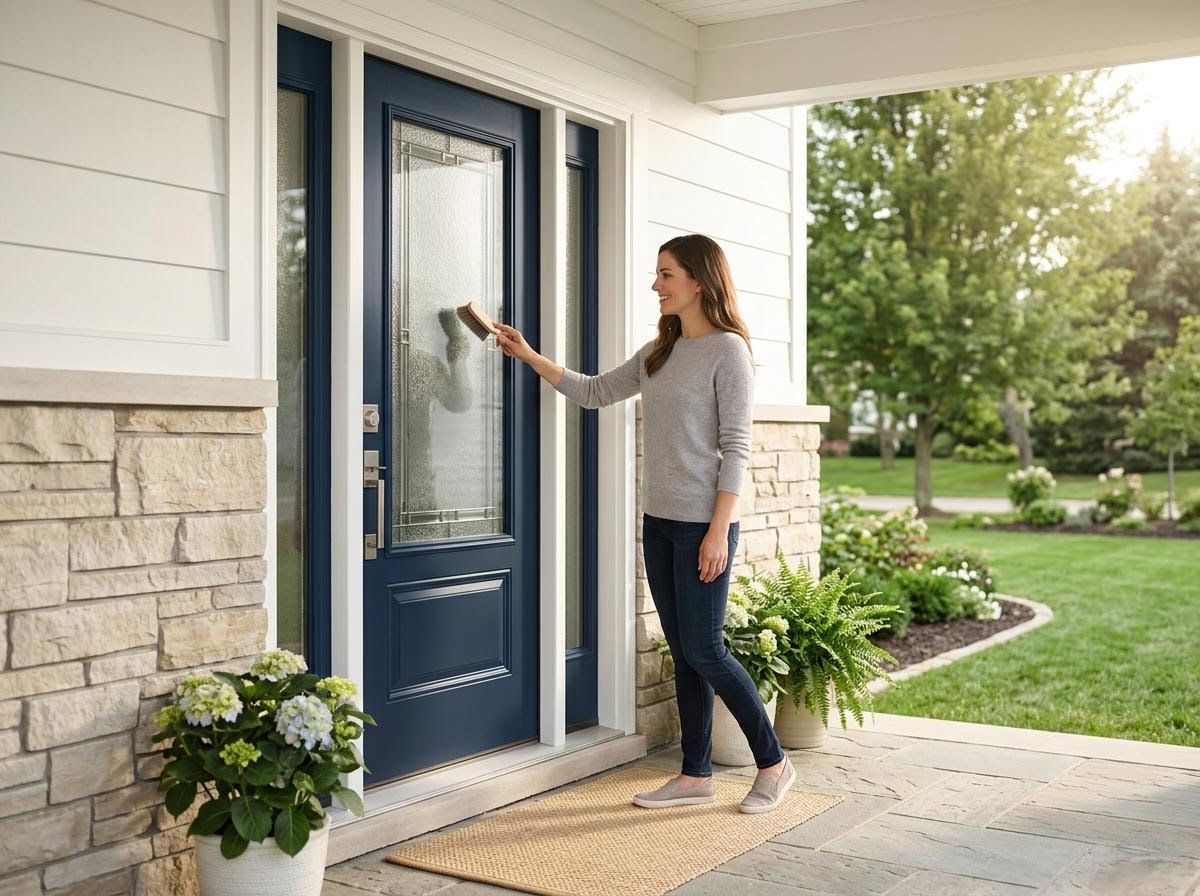 Woman Cleaning Glass on Navy Blue Front Door