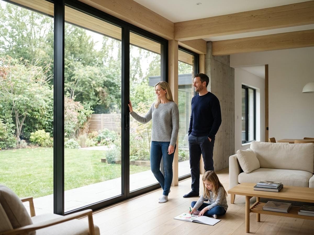 Family looking out large sliding glass doors in modern living room to garden
