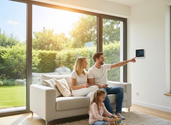 Family interacting with smart home thermostat in bright living room