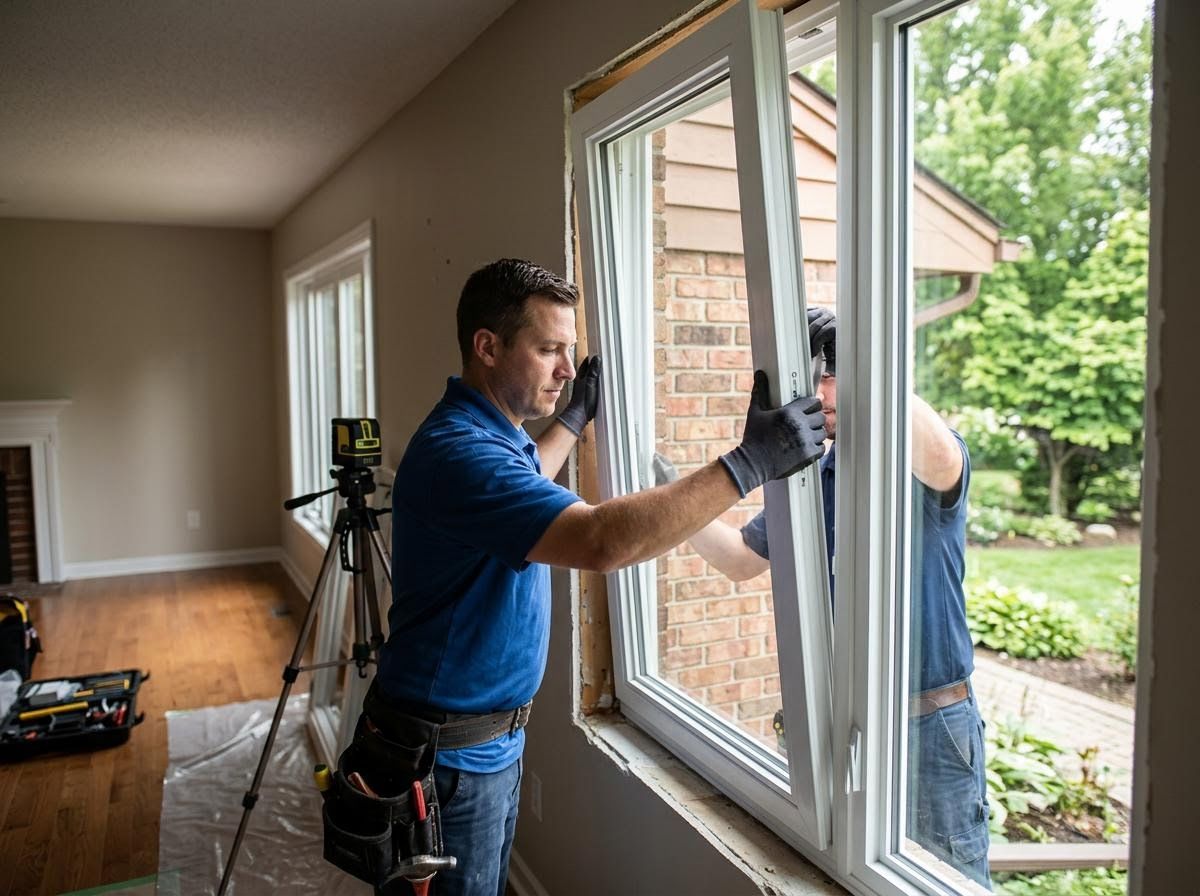 Two men installing a new window in a house
