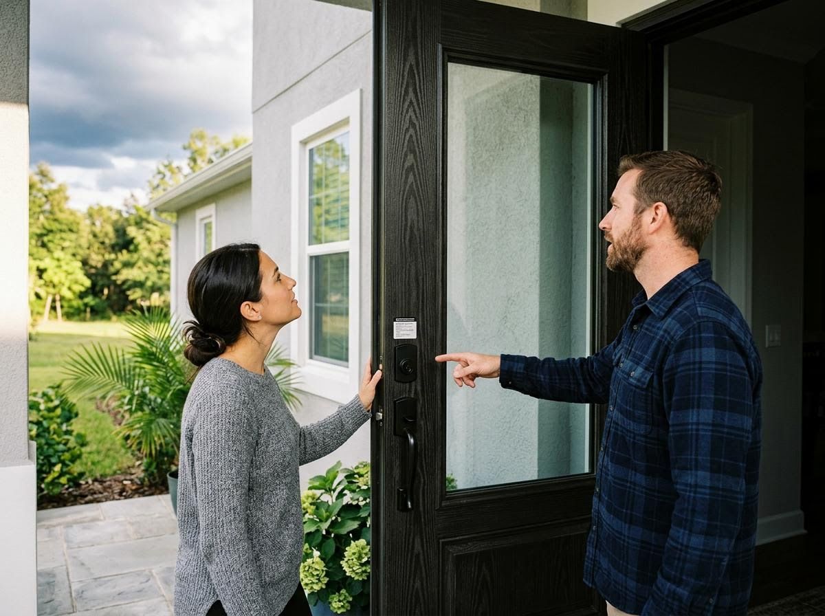 Man pointing at a smart lock on a dark wooden front door, explaining it to a woman.