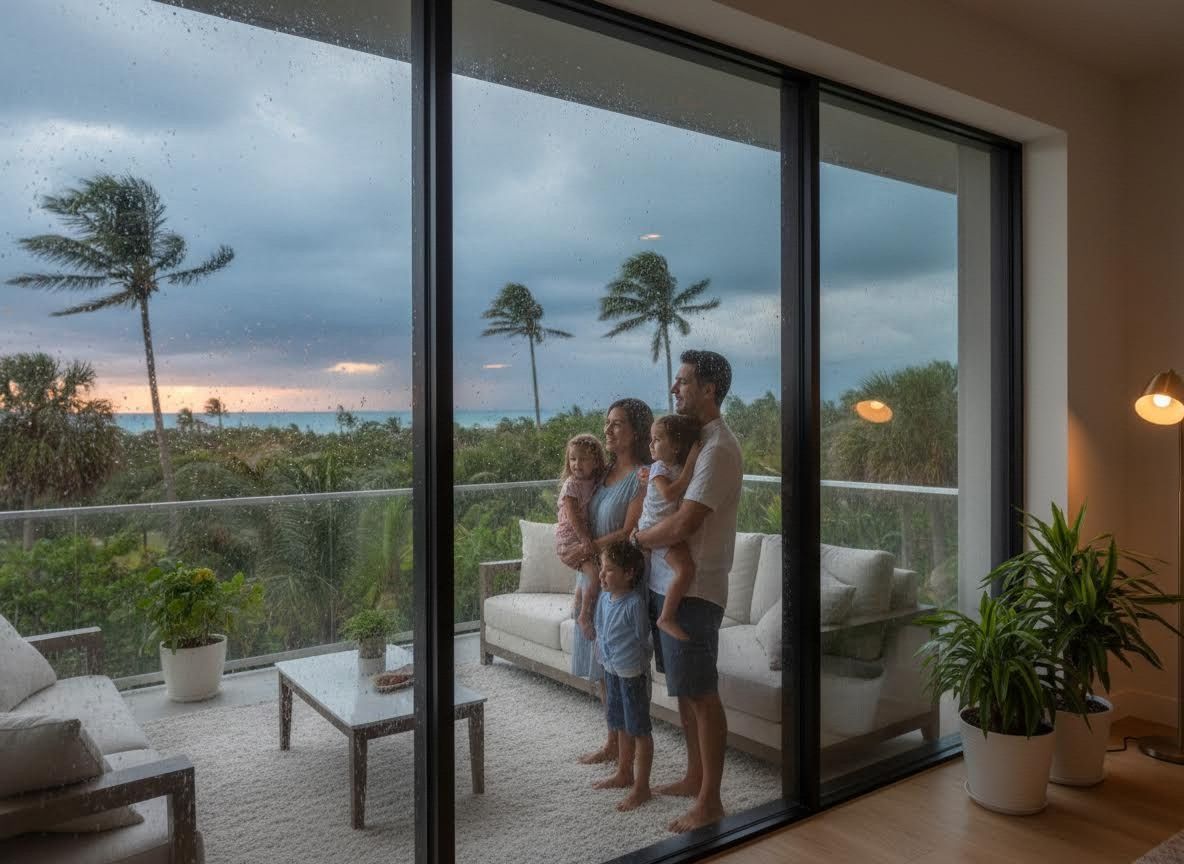 Family watches a tropical storm from their modern home