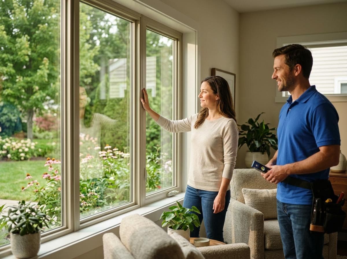 Couple inspecting window installation