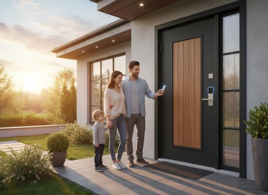 Family using smartphone to activate smart lock on modern home