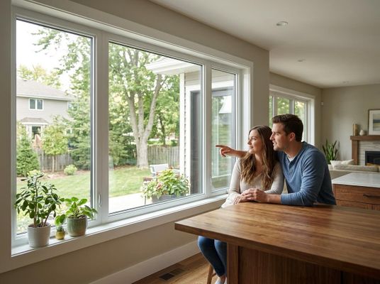 A smiling couple sits at a kitchen counter, looking out a large window into a green backyard with trees. The man points. Couple Looking Out Large Window