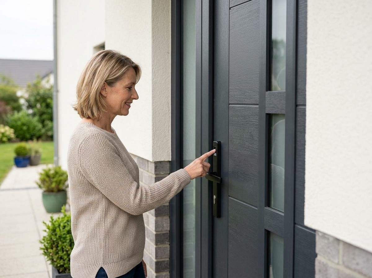 Woman Using Smart Fingerprint Door Lock on Modern Home