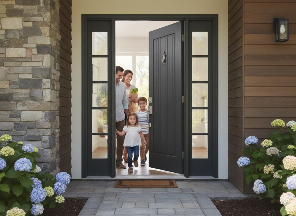 Happy Family Entering Home Through Front Door