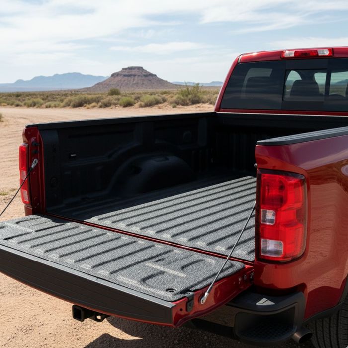 red pickup with spray in bedliner