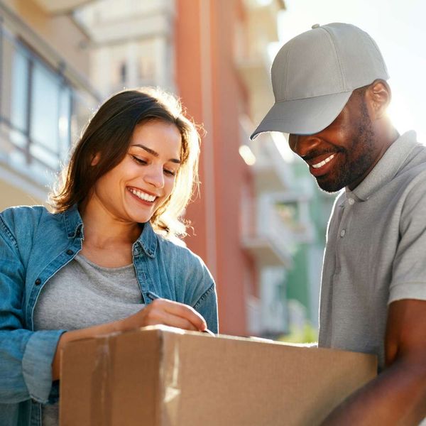 man and woman passing off package