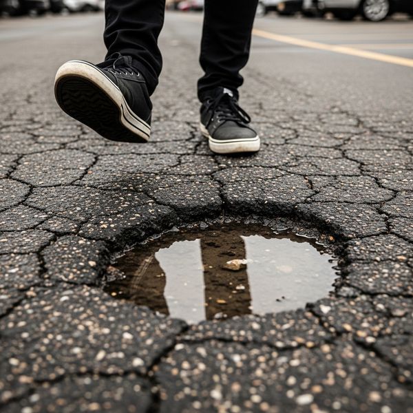 A pedestrian's feet stepping cautiously around a cracked pothole in a parking lot.