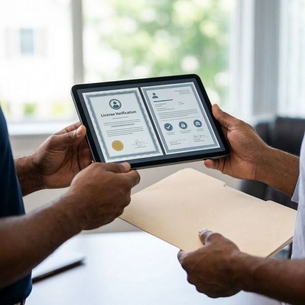 Close-up of two people holding a tablet displaying "License Verification" and a manila folder.