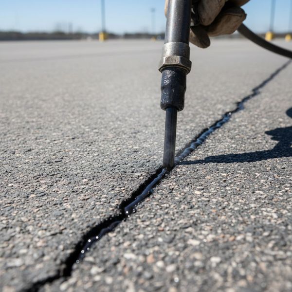 A very close-up, ground-level shot focused on a dark, liquid asphalt crack filler being precisely applied into a long, thin crack on a gray asphalt surface. The sealant is actively flowing into the crack, demonstrating the sealing process clearly, with min