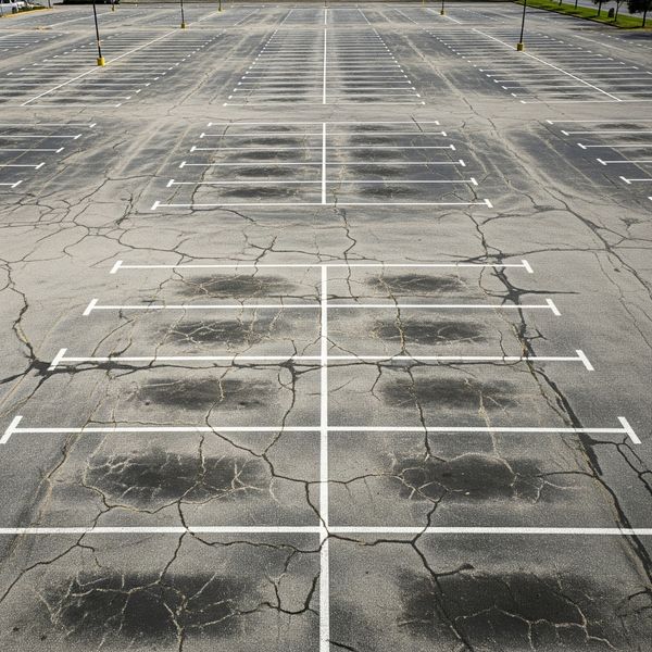 Faded white parking lot lines with worn paint and slight cracking in the asphalt