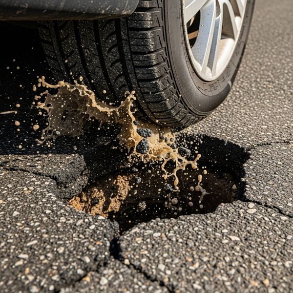 A close-up photograph of a car tire impacting a deep pothole in asphalt