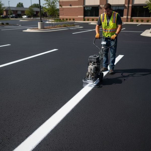 A ground-level shot focused on a worker using a line striping machine to paint crisp, bright white parking lines onto a freshly sealcoated, dark black asphalt parking lot. The worker is wearing safety gear, and the new, clean lines are sharply contrasted a