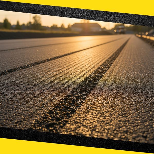 Close-up image of fresh blacktop with roller marks still visible