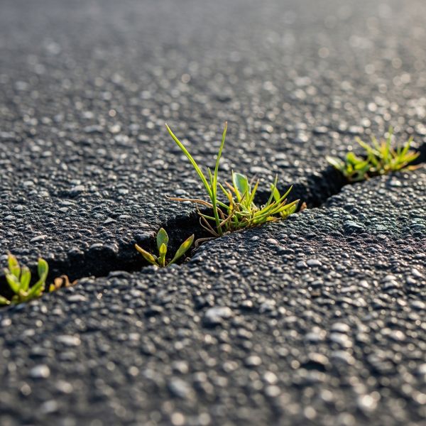 Close-up of a small crack forming in an old asphalt driveway