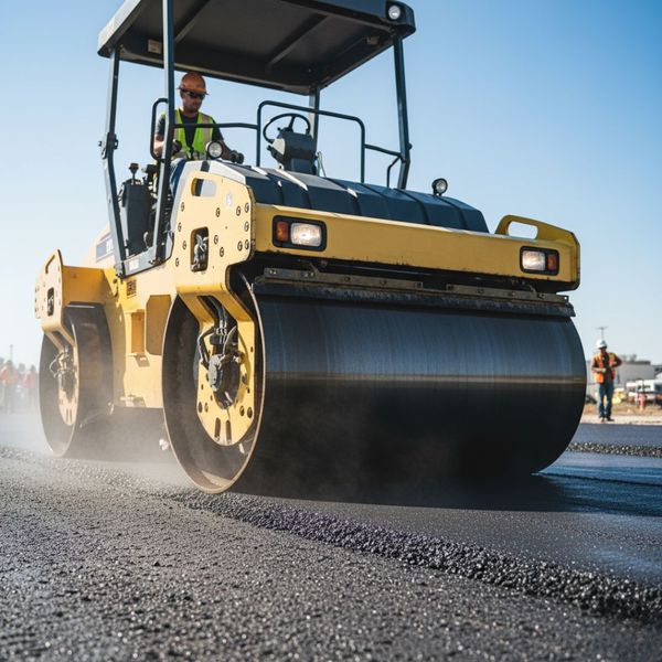 A heavy-duty asphalt roller compacting a newly laid, still steaming asphalt surface. The roller is creating a smooth, dark finish behind it, with a clear contrast between the compacted and uncompacted areas. A heavy-duty asphalt roller compacting a newly laid, still steaming asphalt surface. The roller is creating a smooth, dark finish behind it, with a clear contrast between the compacted and uncompacted areas.
