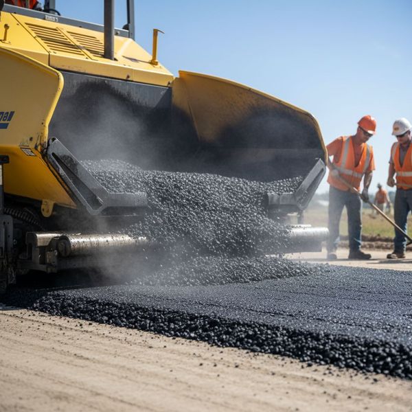 A close-up shot of an asphalt paver machine laying down a fresh, steaming layer of hot black asphalt mix onto a prepared road base. The texture of the newly laid asphalt is visible. In the background, workers are present in safety gear, but the focus is on the machinery and the material. A close-up shot of an asphalt paver machine laying down a fresh, steaming layer of hot black asphalt mix onto a prepared road base. The texture of the newly laid asphalt is visible. In the background, workers are present in safety gear, but the focus is on