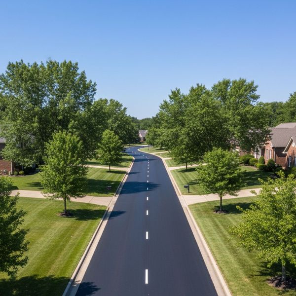 A bright, sunny aerial or high-angle shot overlooking a residential street or commercial property with clear, freshly paved asphalt roads or parking lots. The trees are full and green, the grass is vibrant, and there are no clouds in the bright blue sky, clearly conveying a mild, dry, and ideal weather period suitable for asphalt work. A bright, sunny aerial or high-angle shot overlooking a residential street or commercial property with clear, freshly paved asphalt roads or parking lots. The trees are full and green, the grass is vibrant, and there are no clouds in the bright blue sky, c