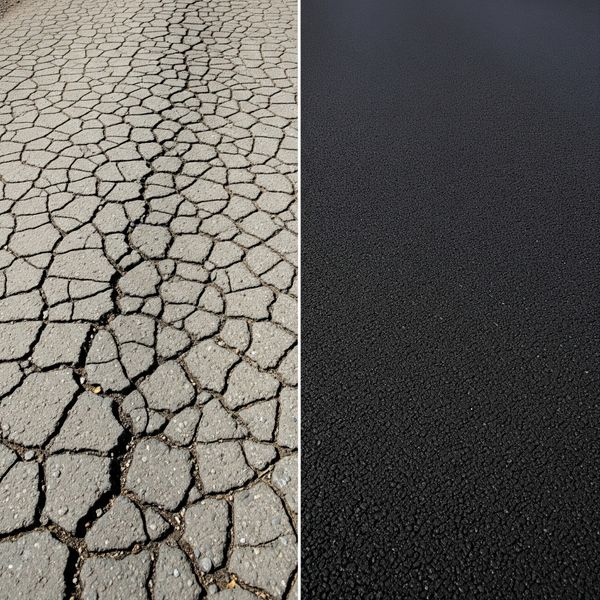 Side-by-side image with one side showing worn, cracked pavement; the other side shows deep black, well-maintained asphalt