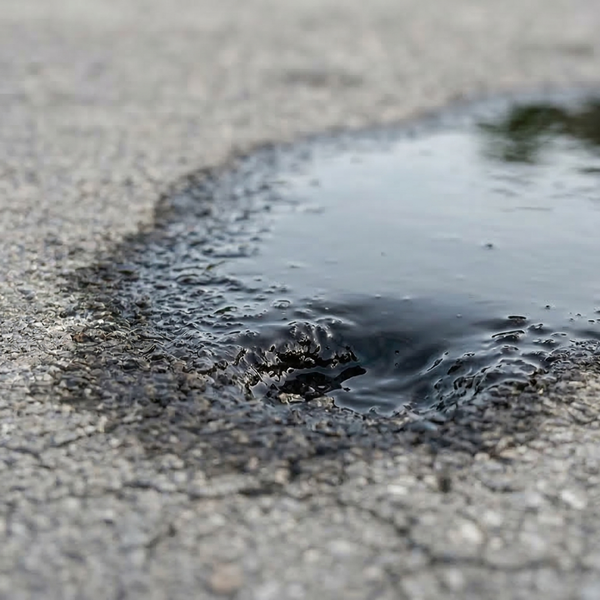 A close-up view of a large motor oil stain actively soaking into an porous unsealed asphalt surface.