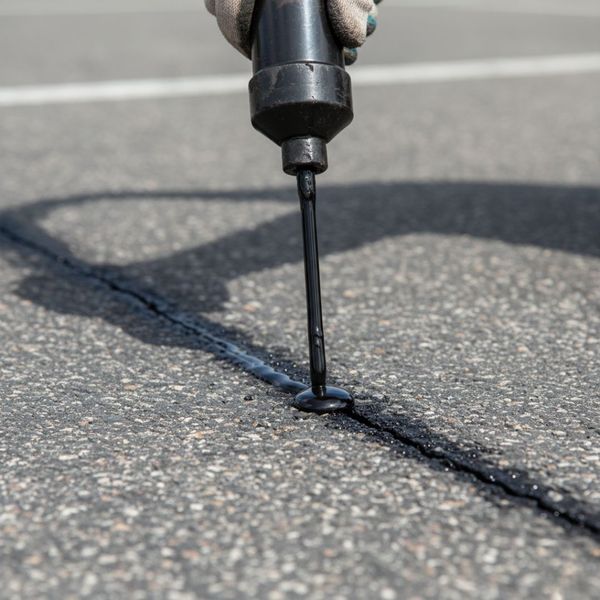 A close-up shot of an asphalt surface where a minor hairline crack is being filled with a dark, liquid sealcoating material. The material is visibly flowing into the crack, sealing it, with a professional's gloved hand or a specialized tool just out of frame, suggesting a detailed repair process. A close-up shot of an asphalt surface where a minor hairline crack is being filled with a dark, liquid sealcoating material. The material is visibly flowing into the crack, sealing it, with a professional's gloved hand or a specialized tool just out of fra