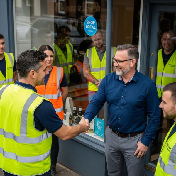 crew members shaking hands with a local business owner outside a storefront