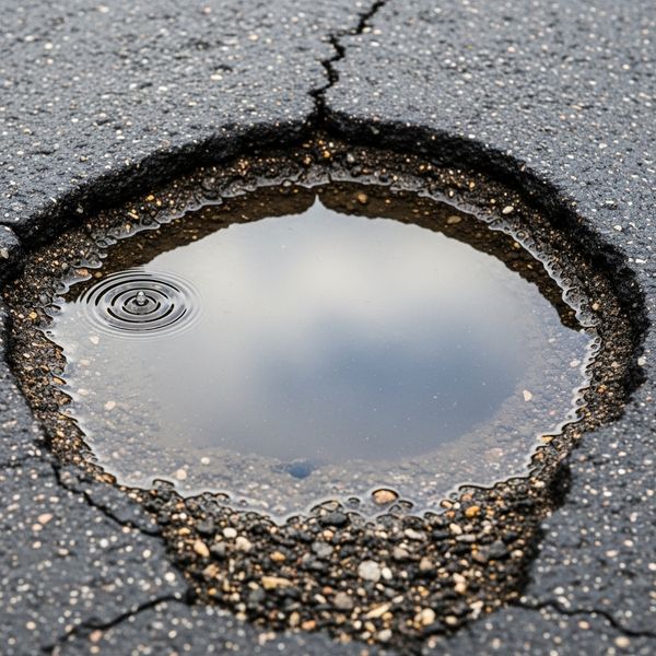 Rainwater pooling inside a large asphalt pothole with crumbling edges.
